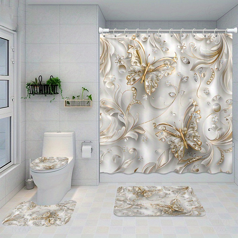 Bamboo Bath Mat - 4 adet Zarif Kelebek Duş Perdesi